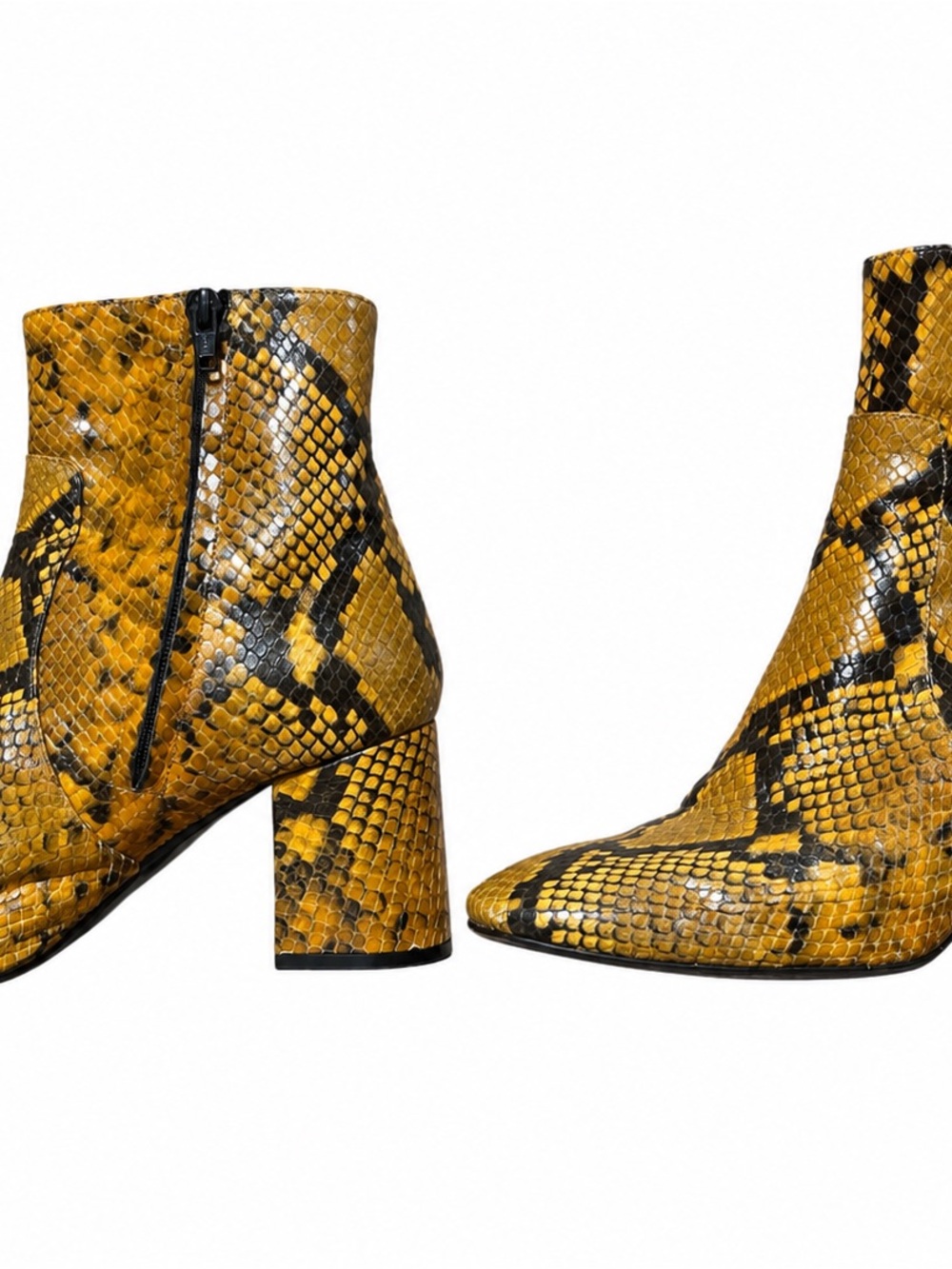Yellow Snake-Print Ankle Booties with Block Heel